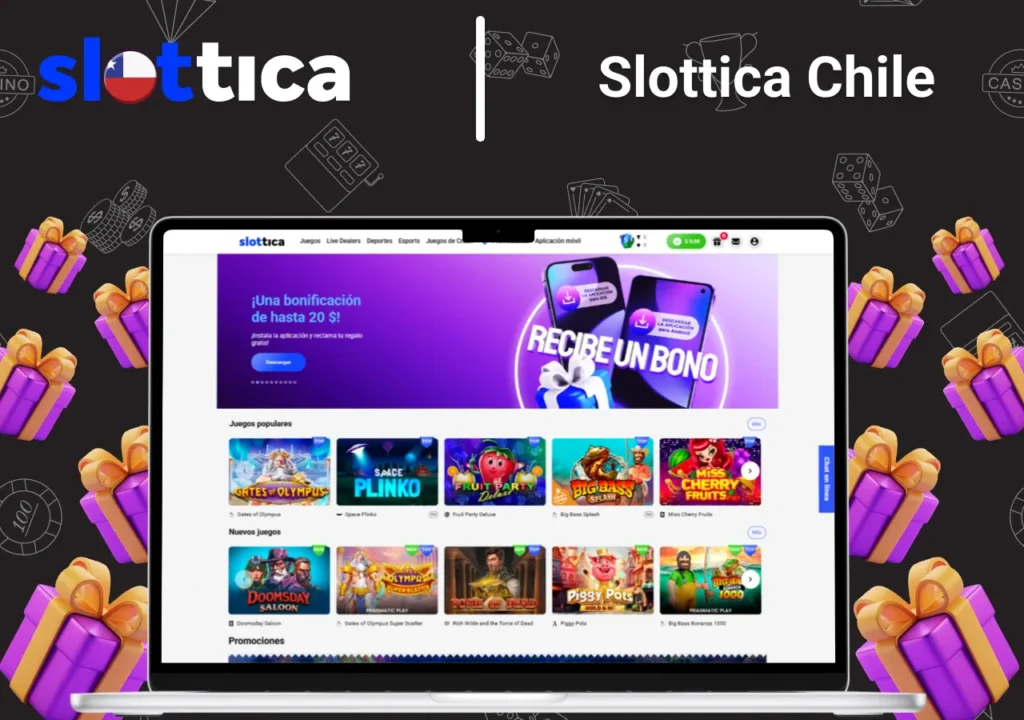 Slottica Chile mostrando una promoción de bienvenida de hasta 20 dólares, con juegos populares como 'Gates of Olympus', y más